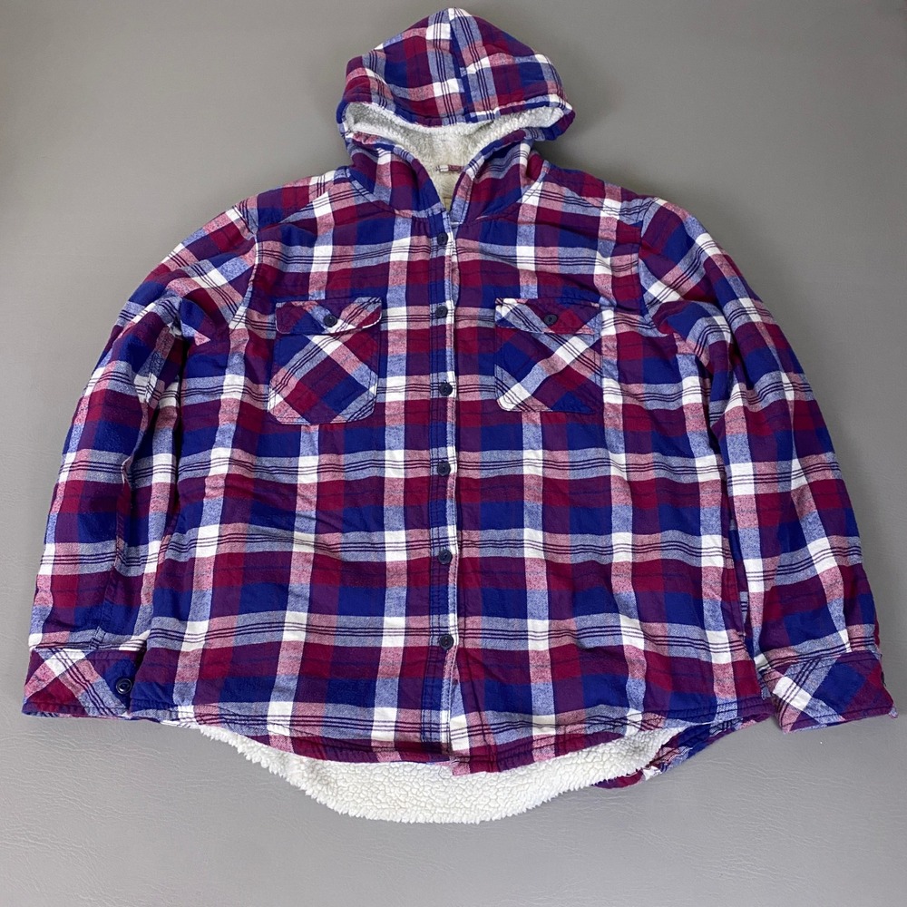 Boston Traders Shacket Sherpa Flannel Jacket Men's Large Blue Plaid Hooded Lined
